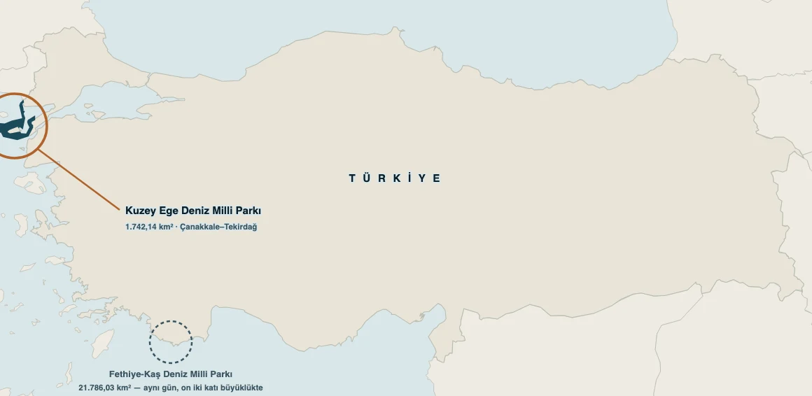 Kuzey Ege Deniz Milli Parkı'nın Türkiye haritası üzerindeki konumu; aynı gün ilan edilen Fethiye-Kaş Deniz Milli Parkı da işaretli