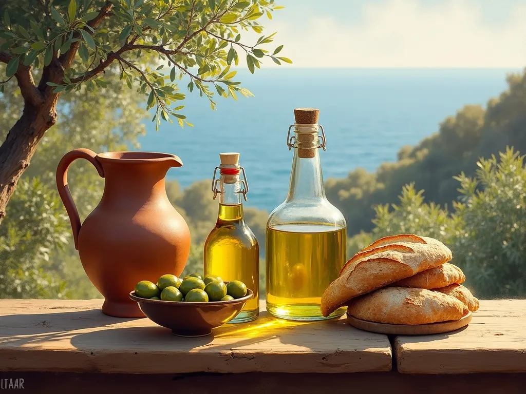 Gökçeada organik zeytinyağı, zeytin ve ekmek rustik masada